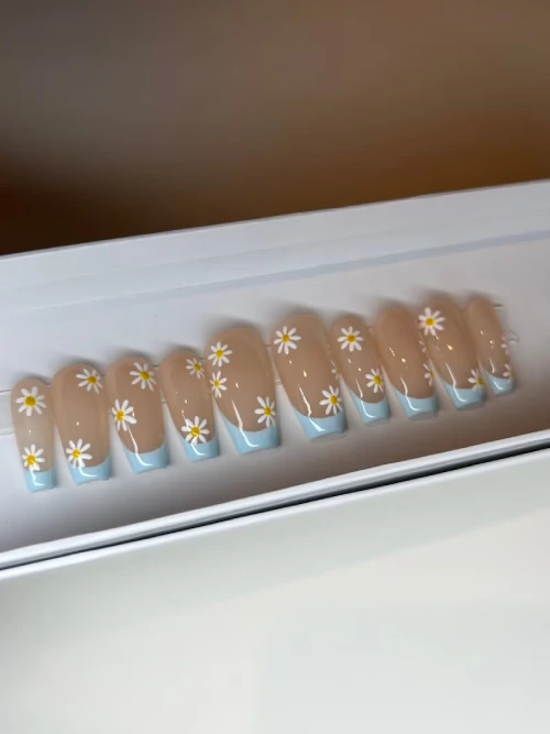 Pastel Blue French Nails with Flowers