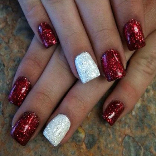 Red and white glitter short nails idea 