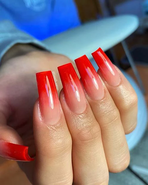 Ombre coffin long red nails 