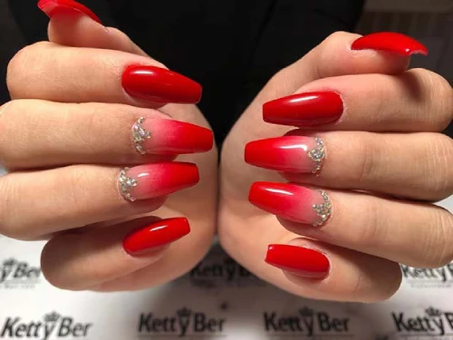 Coffin ombre nails with rhinestones, gorgeous red and white ombre mix