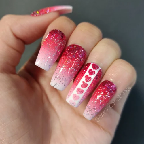 Coffin long ombre glitter red and white heart nails design idea 
