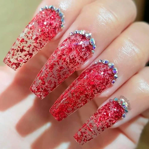 Coffin long red Valentines nails with rhinestones at the top