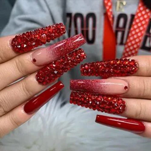 Red rhinestone sparkling glitter ombre nails
