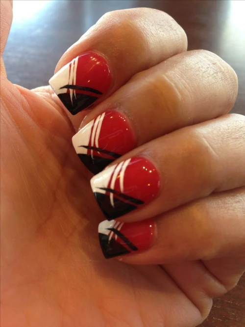 Short Red, black, and white design nails