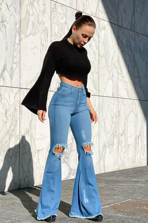 Ripped Flare Jeans with Black Long Sleeve Cropped top