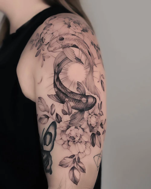 Big Arm Yin Yang Koi fish with flowers tattoo
