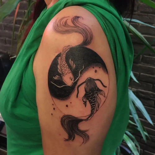 Beautiful Koi Fish Shoulder Arm Yin Yang Tattoo