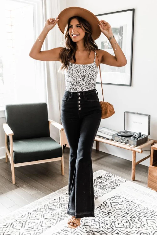 Black flare Jeans with sleeveless black and white dotted top