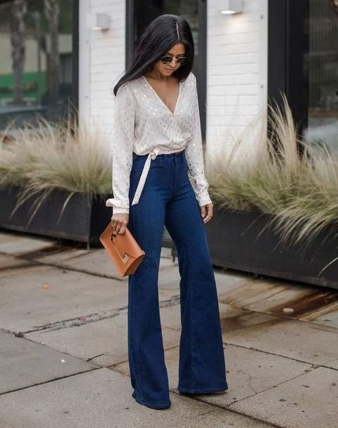 long Sleeve white dress shirt with blue Flare Jeans Pants Outfit