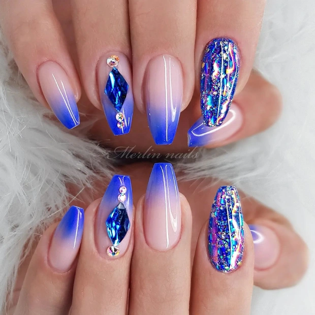 Royal Blue Ombre Nails with Glitters