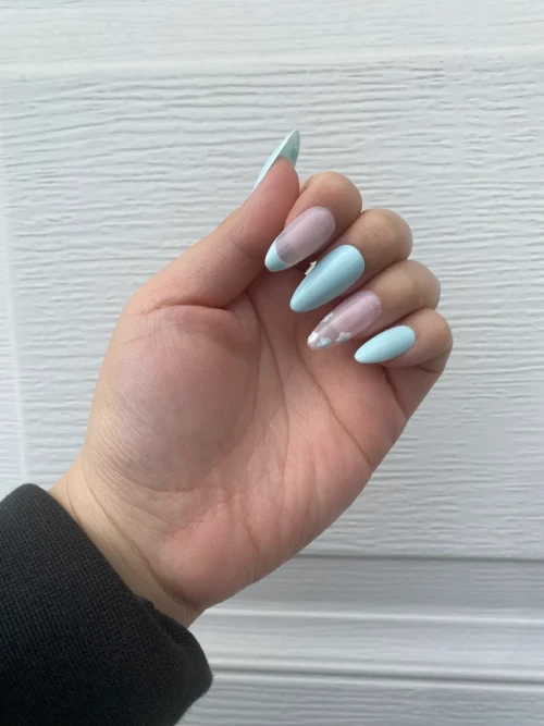 pastel blue teal daisy flower french tip press on nails 