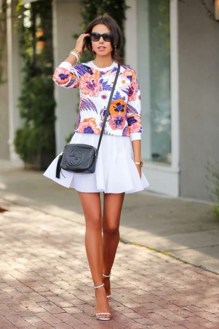 High Waisted Pleated Tennis Skirt with Floral Long Sleeve Top