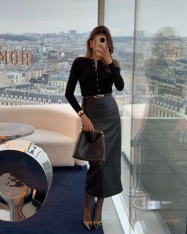 Sleek Black Leather Skirt and light sweater outfit for easter