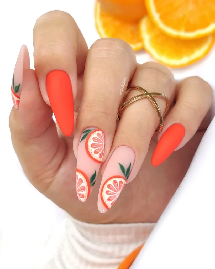 Cute summer nails in orange theme, pretty bright color nails