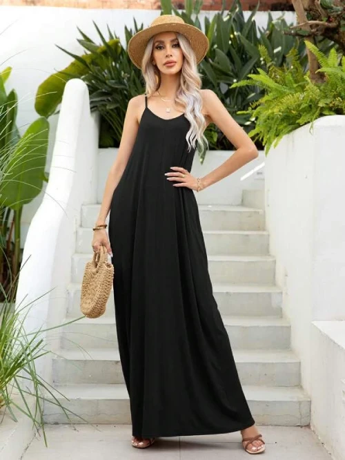 Casual Loose Dress Beach Cover Up Long Cami Maxi Dresses with Pocket 