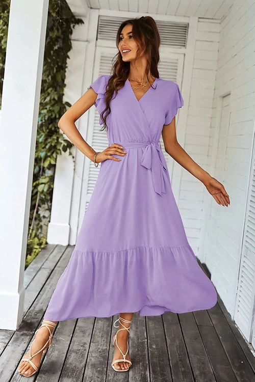 long purple warp short sleeve maxi  Sundresses for Women Over 50