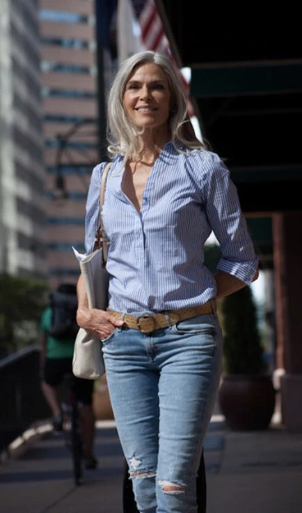 Ripped blue wash-out jeans with long sleeve-stripped shirt Jeans for Women Over 50