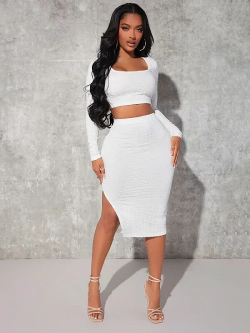 Square Neck Crop Top and Split Thigh White Pencil Skirt