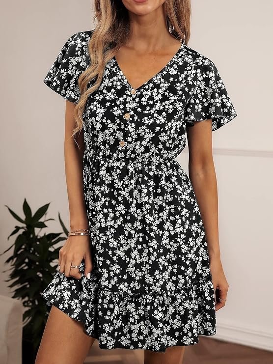 Summer Dresses for Women 2023 V Neck Floral Print Sleeve Ruffle Hem A Line Dress Short Sleeve Mini Dress