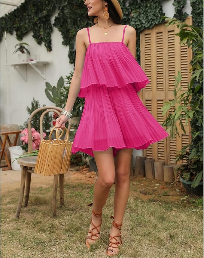 Summer Romper Dress Spaghetti Strap Pleated Beach Vacation Outfit Fashion Cruise Short Jumpsuit Outfits