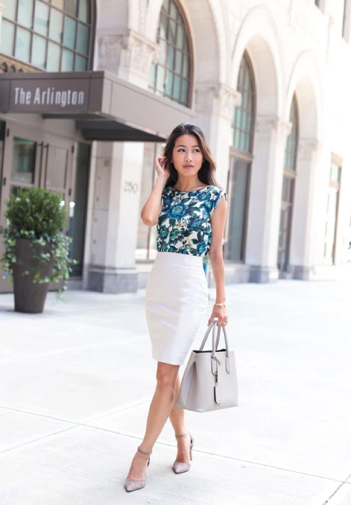 Floral blue summer work blouse with White Pencil skirt outfit and heels
