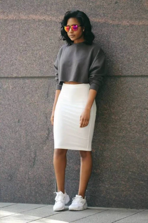 White Pencil Skirt with sneakers