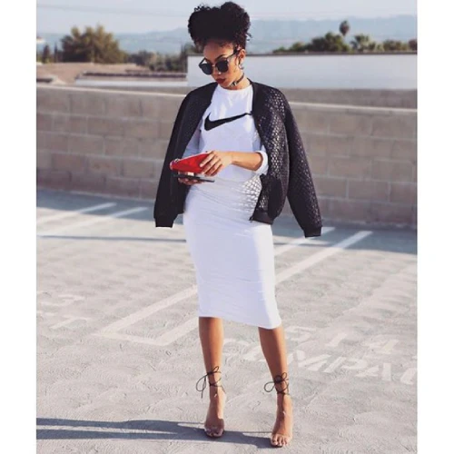 White Nike T-shirt with black Jacket and Pencil skirt with Heels