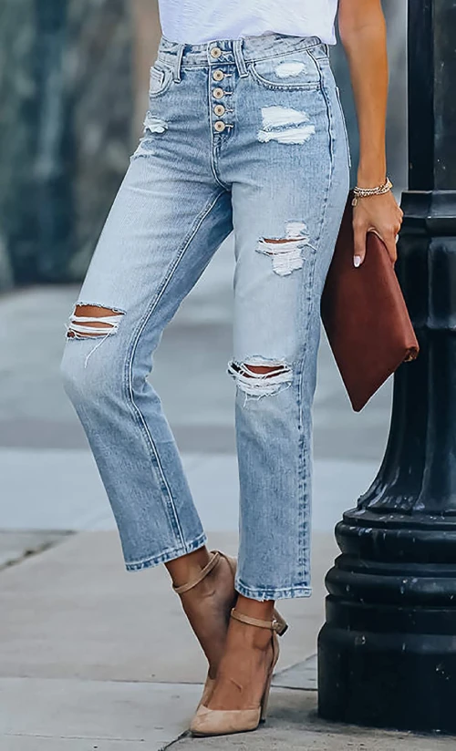 Women Ripped Jeans Mid Waisted Distressed Stretchy Denim
