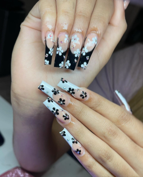 black white floral nails