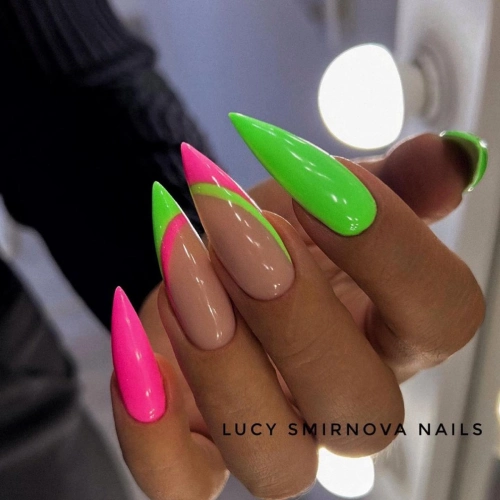 pretty stiletto neon green and pink nails