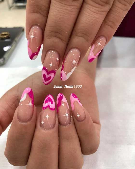 stars, heart and drip pink french tip nails