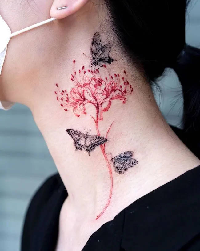 Butterfly and chrysanthemum neck tattoo