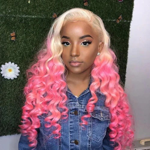 Blonde and Pink curly long pastel light hair color