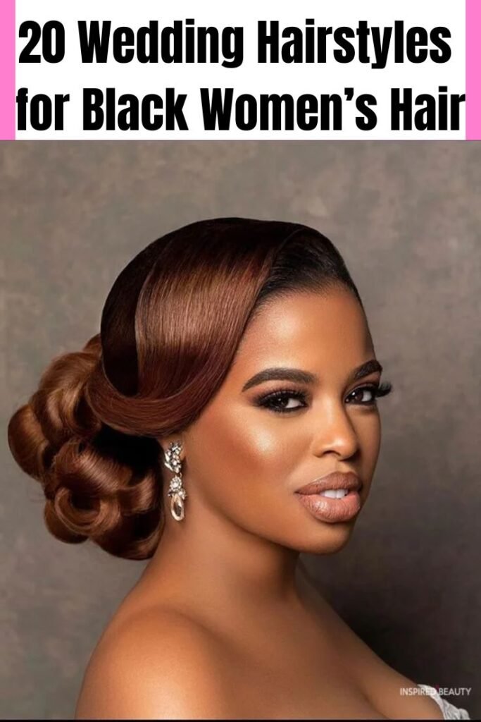 Soft and elegnat wedding hairstyle idea for black woman. Side swept updo style for bride