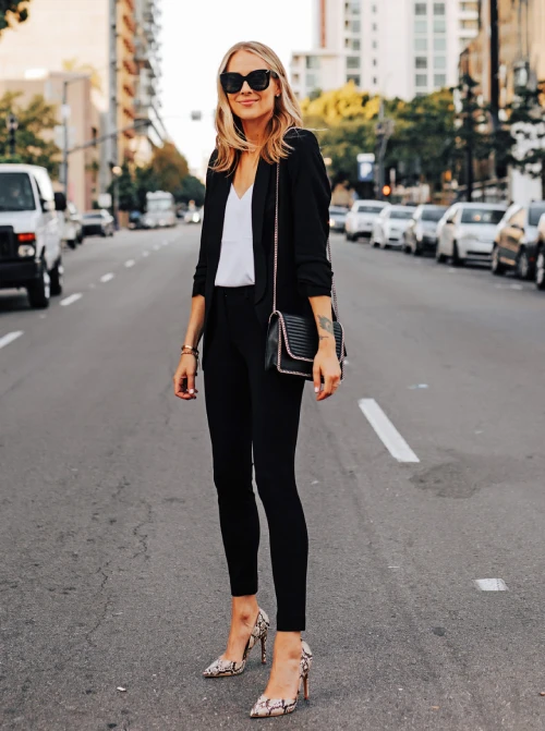 all Black Business Casual with sneak skin heels 