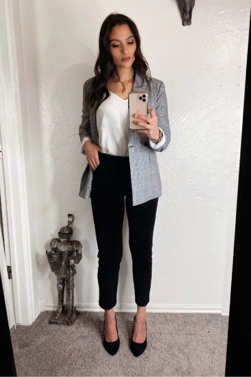 Black Business Casual outfit gray blazer and white undershirt