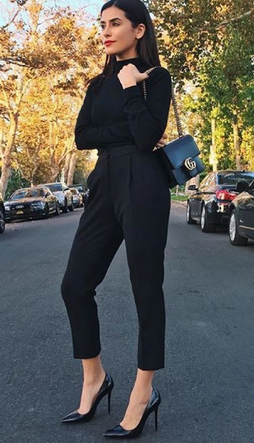 Knitted bodysuit with dress pants bag and heels all black