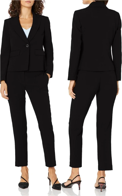 Button Notch Collar Stretch Crepe Slim Pant Suit Black Business Casual Clothes