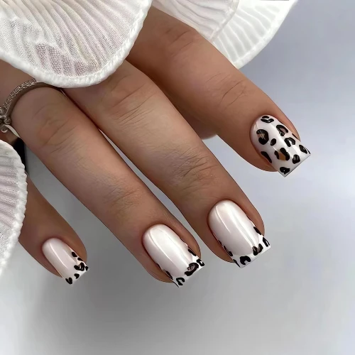 Leopard Press on Nails Short French Tip Fake Nails