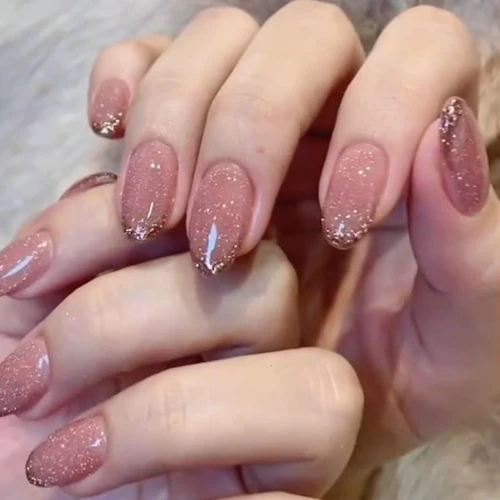 Pink Fake Nails Short Almond Press on Nails with Glitter