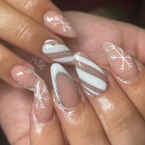 White Oval shaped, silver glitter snowflake strip nails design