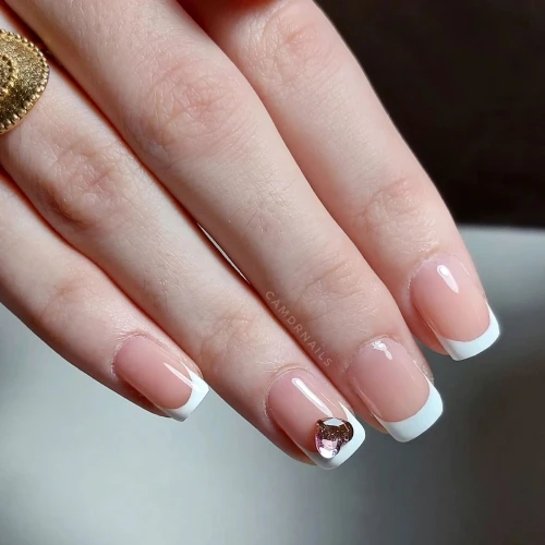 Short white with Heart design French tip nails 3d decal 