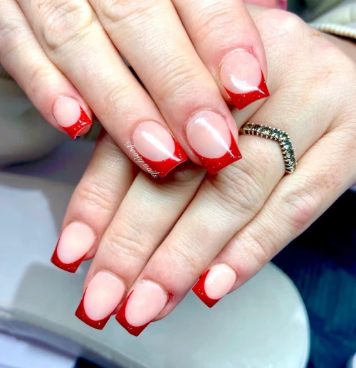 Stunning red short French Tips acrylic nails 
