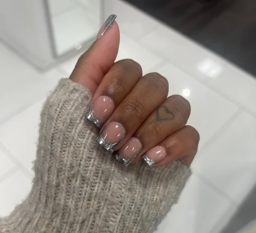 Silver chrome French tip press on nails