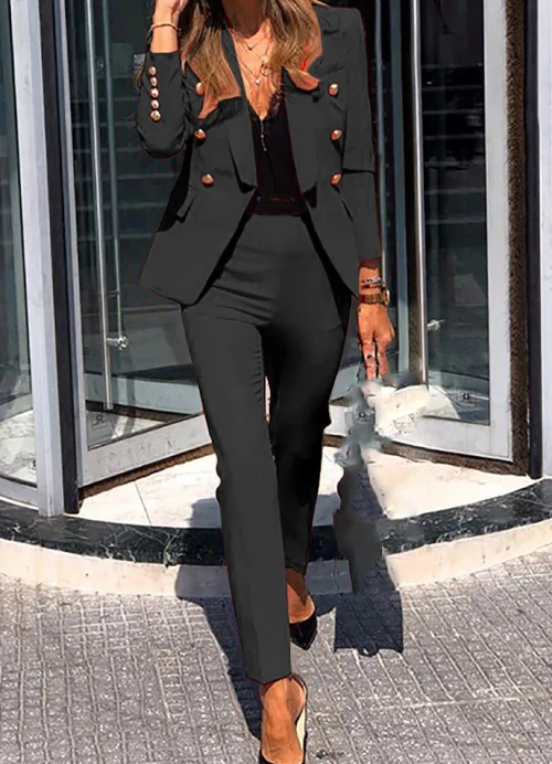 Solid Elegant Black Business Casual Clothes Pants Suit Set