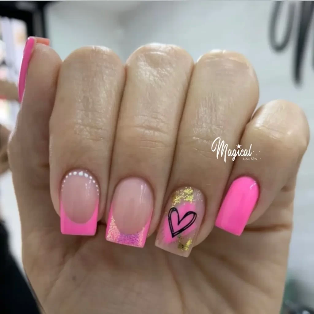 short square manicure with a heart