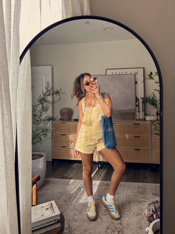 Summer casual outfit idea, bright yellow overalls