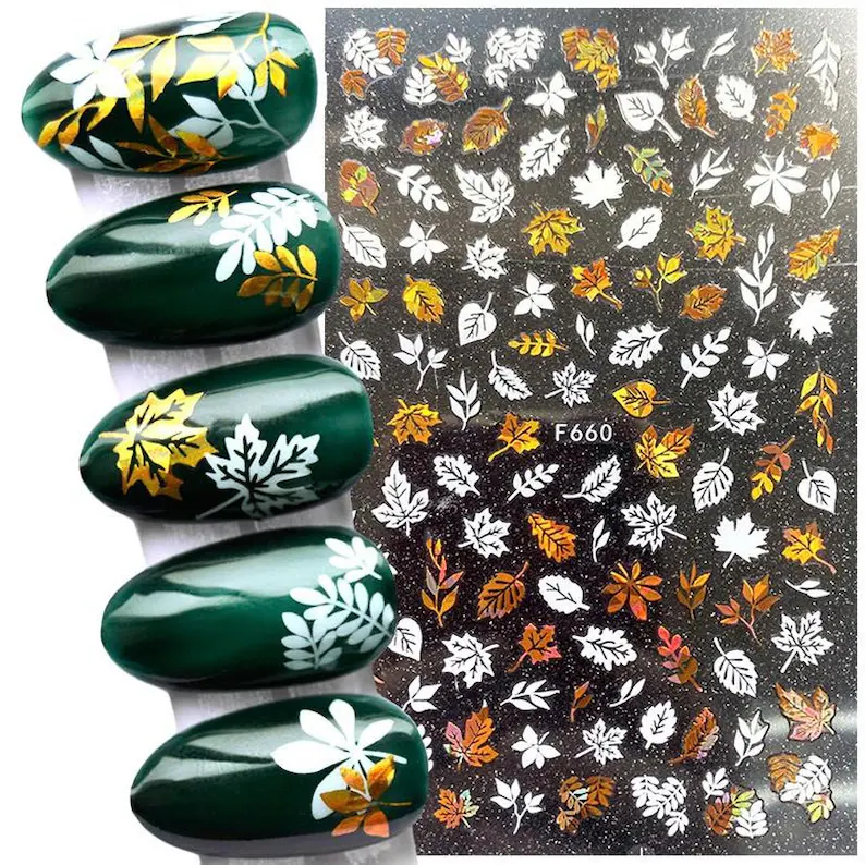 3D leaf nail stickers gold & white fall leaf nail designs