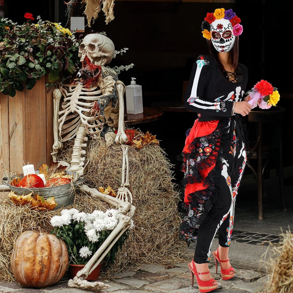 4 Pcs Women's Day of the Dead Costume Halloween Skeleton Costume