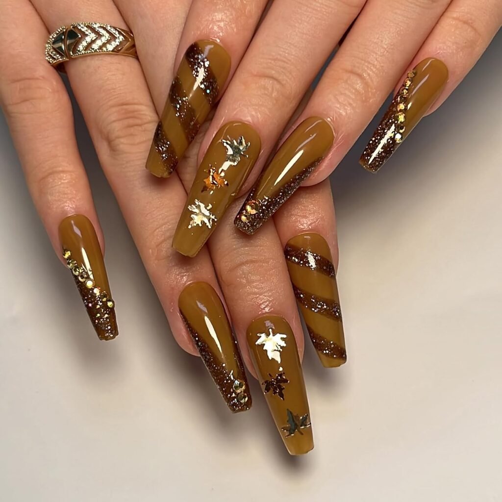 Autumn Brown Artificial Nails Bling Maple Leaf Glitter False Nails